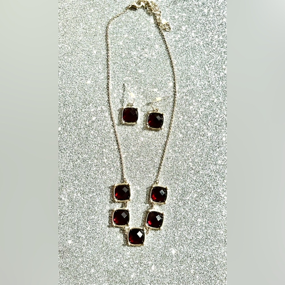 Signed NRT AVON Matching Red Faux Ruby Necklace & Dangle/Drop Earrings.